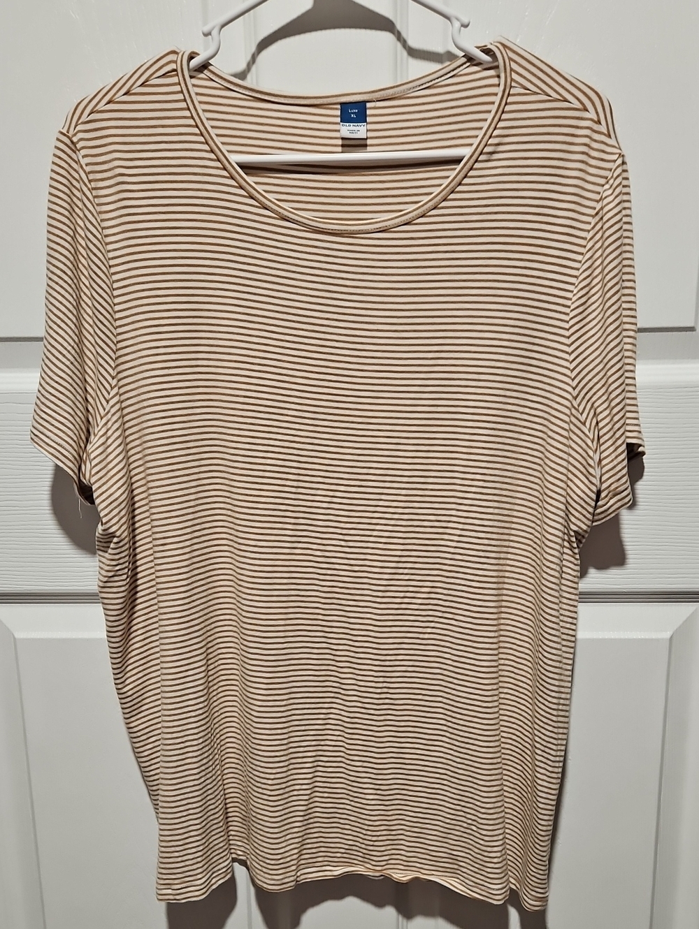 Old Navy Beige and White Striped Short Sleeve Tee